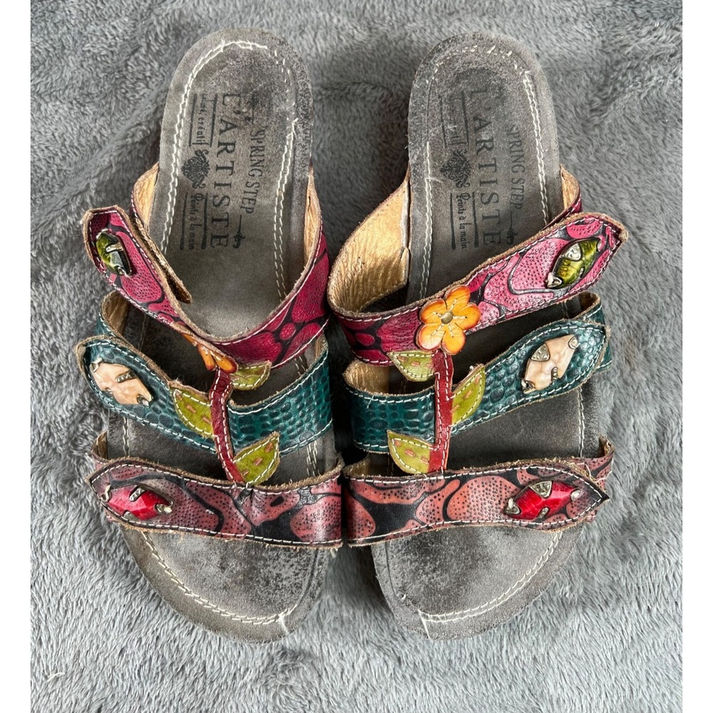 L'Artiste Spring Step Leather Slide Sandals 37/6.5 Castlewalk Multi Embellished